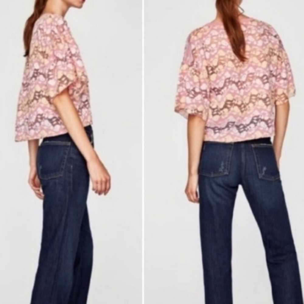 ZARA Blouse Pink Short Bell Sleeve Lace Crop Ribbed Round Neck Sheer Top… - Picture 5 of 15
